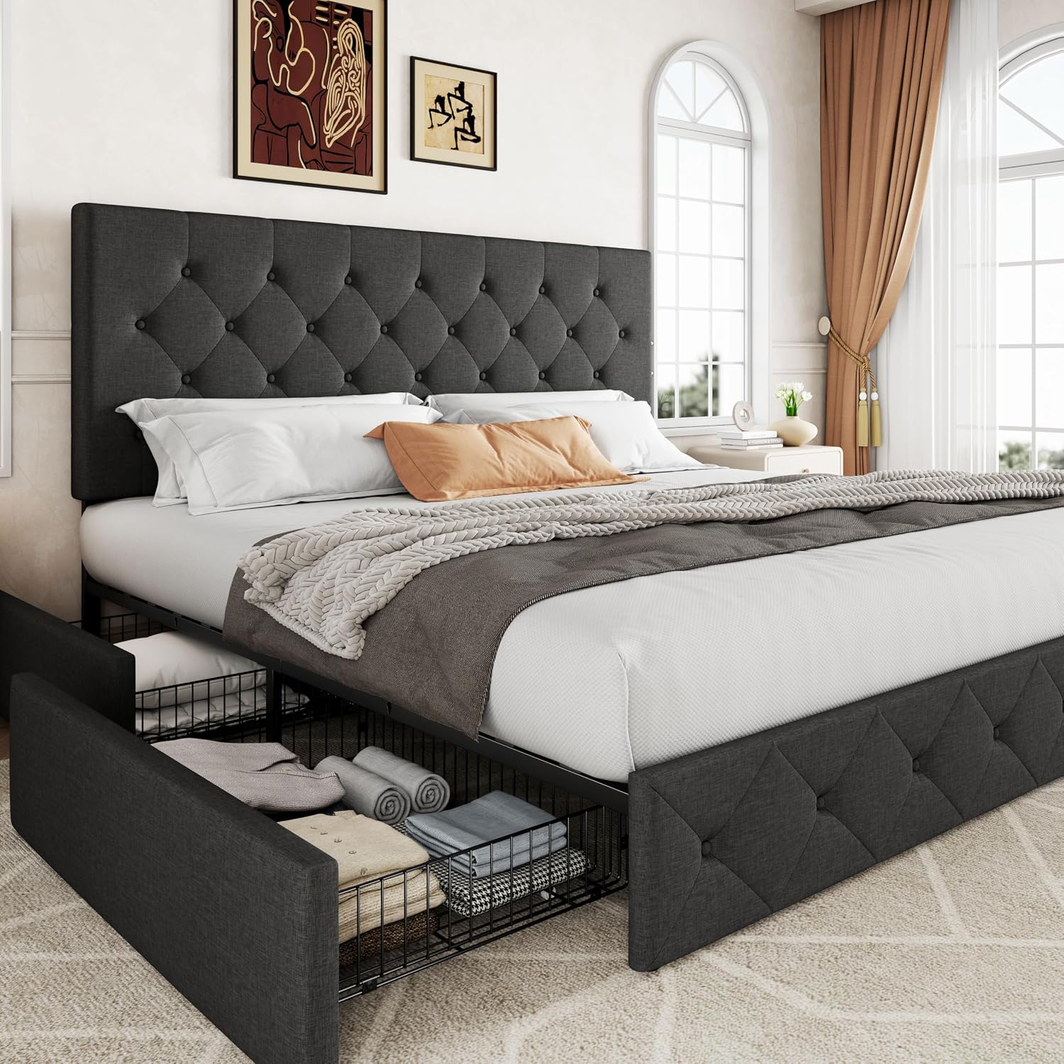 King Size Bed Frame With Storage Drawers - Upholstered King Size Platform Bed Frame